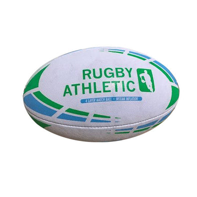 *WHITE W/ BABY BLUE + LIME GREEN LINES RUGBY BALL - SIZE 5