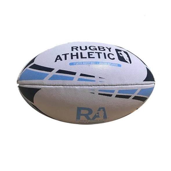 *WHITE W/ BABY BLUE + NAVY LINES RUGBY BALL - SIZE 5